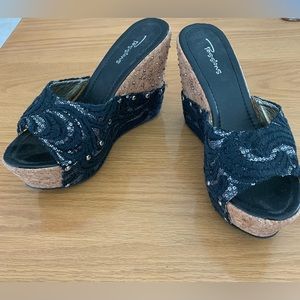 Passions Black/Silver material sandals with 4 1/2” wedge cork with silver studs